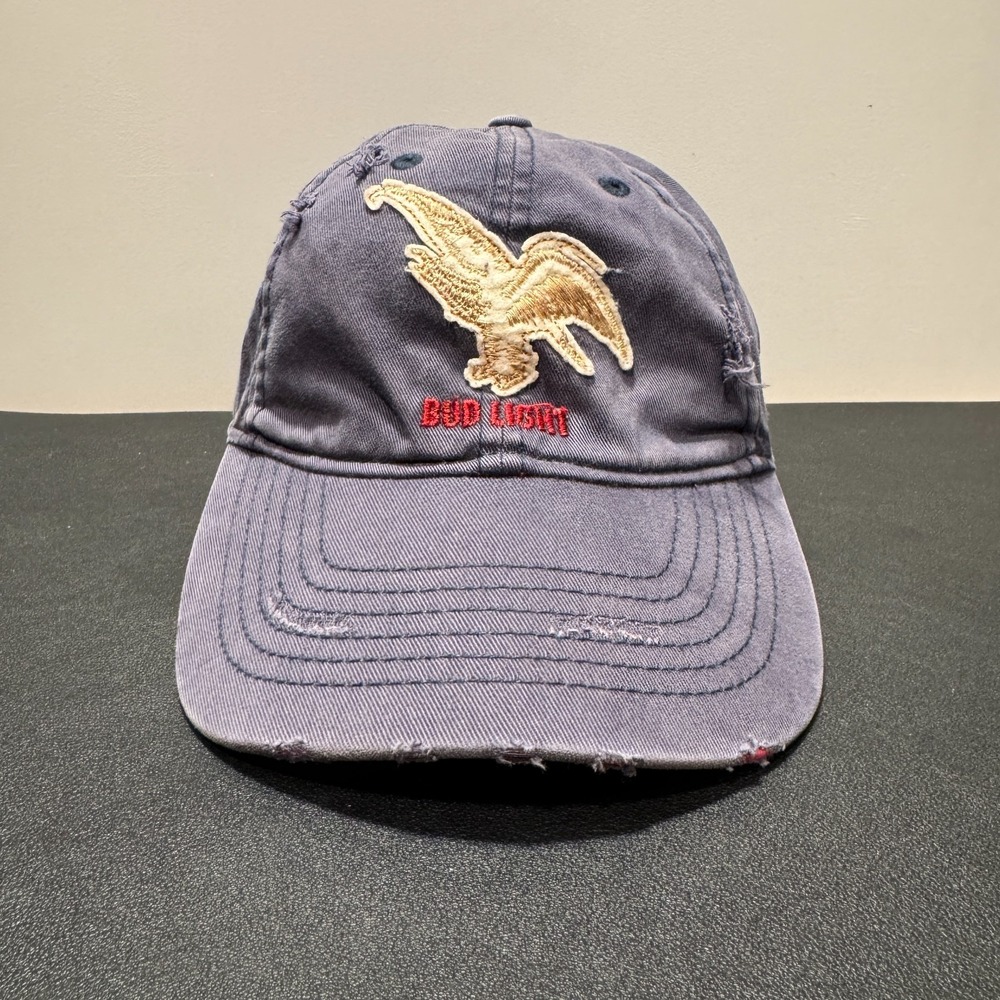 Vintage Bud Light Hat Cap Blue Eagle Logo Leather Strap Back Y2k Dad Distressed